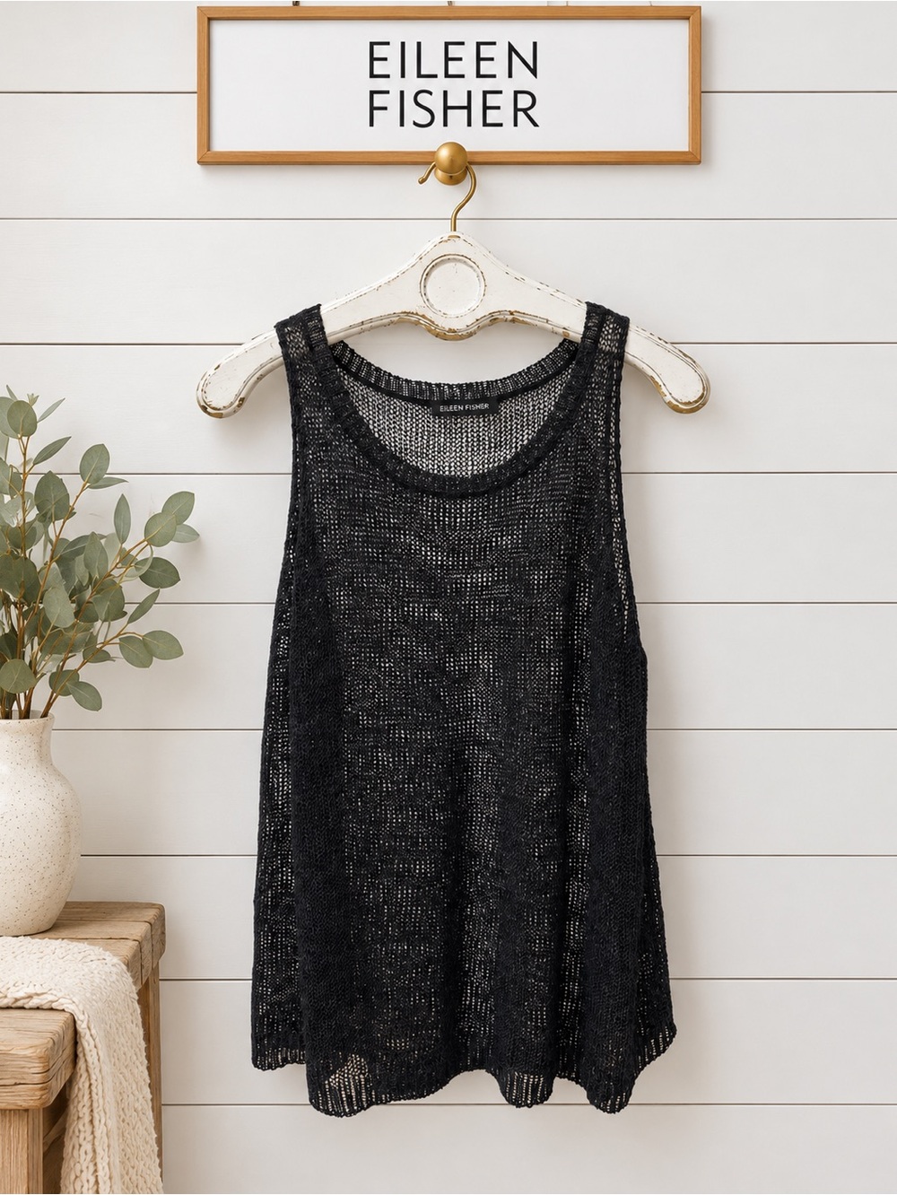 Eileen Fisher Black Open Mesh Knit Sleeveless Top – Estimated XL